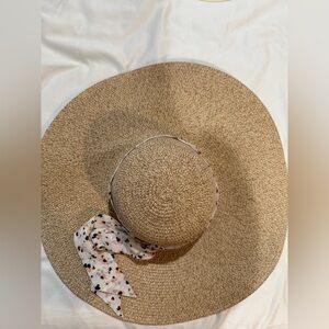 a new day Tan Wide-Brim Hat with Patterned Scarf